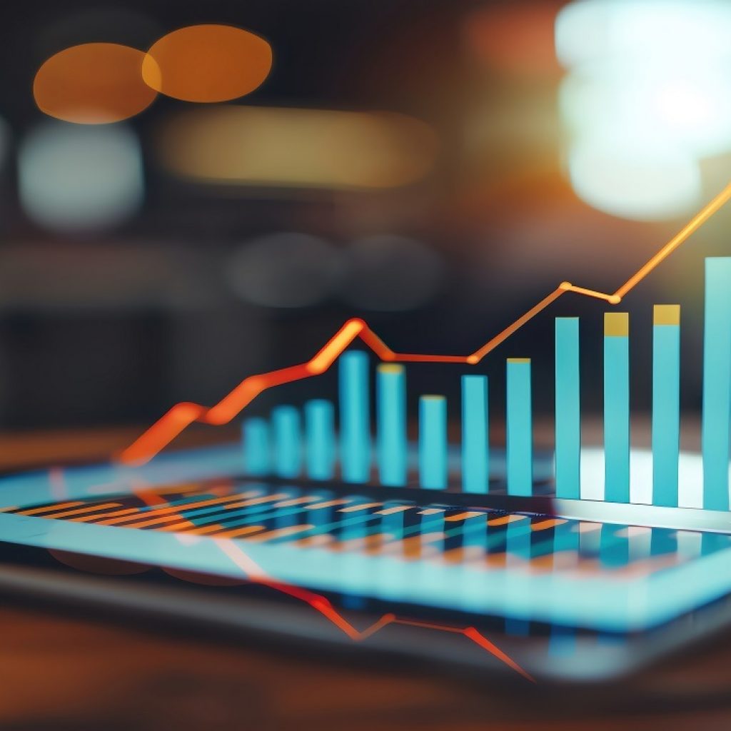 A digital tablet displaying a rising bar graph, symbolizing growth and success in business and finance concepts.